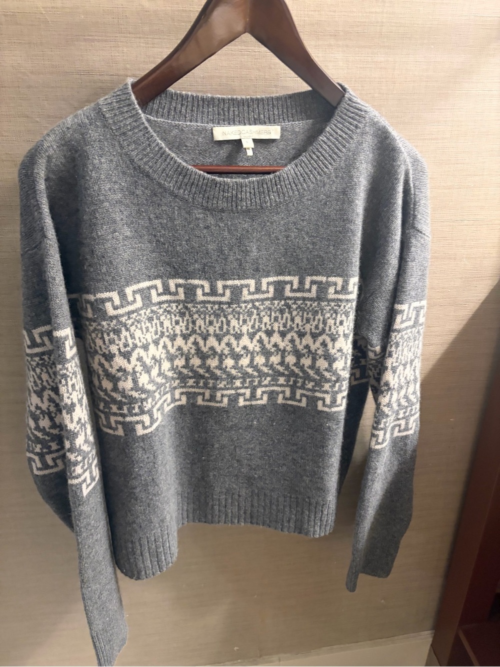 NakedCashmere Gray cashmere Crewneck Sweater with White Fair Isle Band - Picture 1 of 8